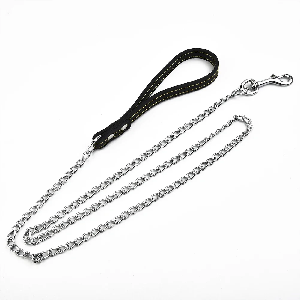 Reliable Metal Chain Dog Leash With Comfortable Leather Handle Secure Control For Strong And Active Energetic Pets