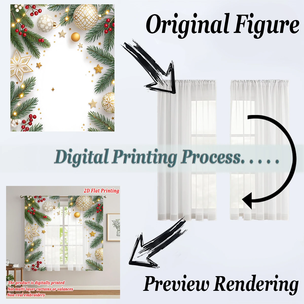 クリスマス柄のキッチン用シアーカーテン、メリークリスマスのボール、星、ベリー、松の枝付き、クリスマスの家の装飾、パーティー用