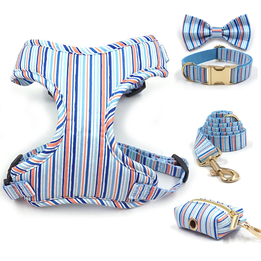 

Personalized Dog Harness Vest for Small Dogs No Pull Escape Proof Pet Collar and Leash Set Blue Stripes Puppy Bowtie Collar Boy