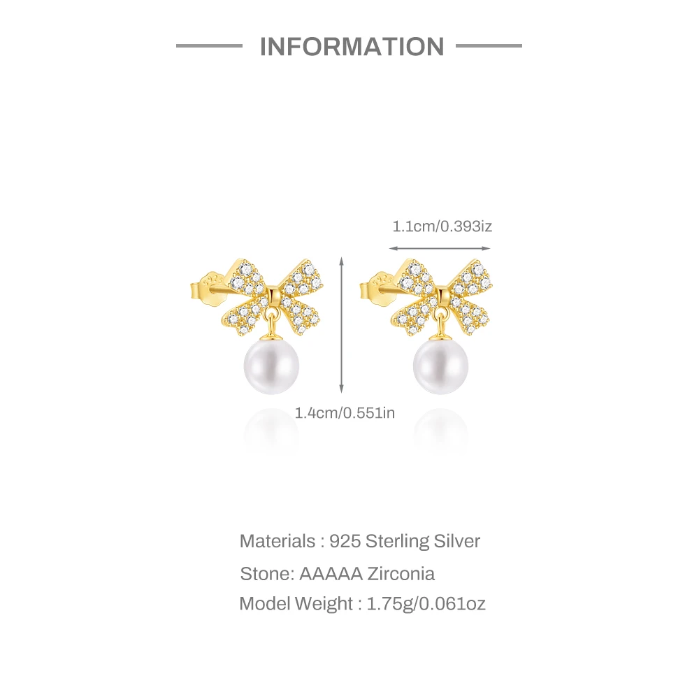 Aide Luxury 925 Sterling Silver Bow Stud With Pearl Stud Earrings For Women Shiny Pearl Pendant Earrings Handmake Rhombic Studs