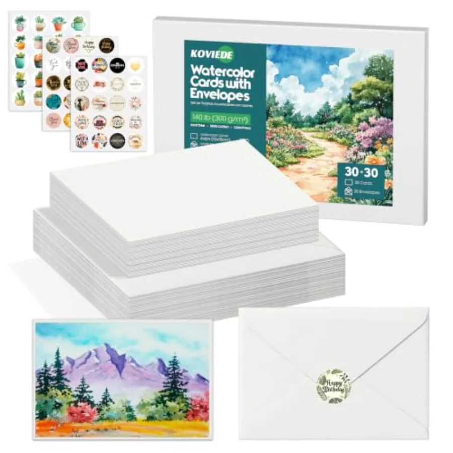 30 Pack Blank Watercolor Cards with Envelopes 4 x 6 Inch - 140lb/300gsm 100% Cotton Non-Folded Watercolor Paper for Wedding Inv