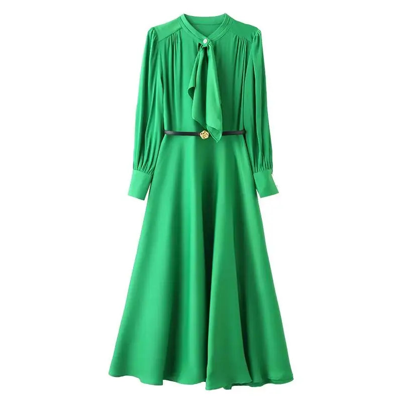 Spring 2024 Fashion Office Lady Aline Casual Dress Women\'s  Elegant Long Sleeve Midi Dress Green Black Vestidos Para Mujer