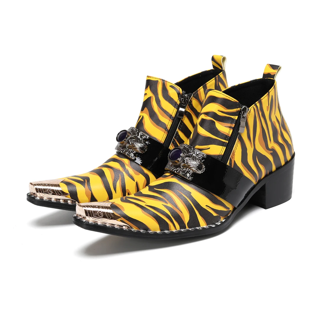 

Designer Tiger Stripes Genuine Leather Ankle Boots for Men Plus Size Footwear Man Metal Decoration Motorcycle Cowboy Short Boots