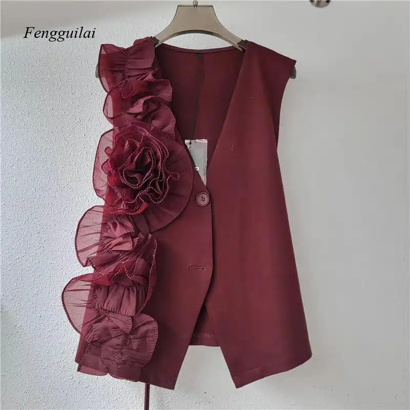 Retro 3D Flower Decor Ruffle Vest Women Sleeveless V Neck Asymmetric Waistcoat Fashion Top