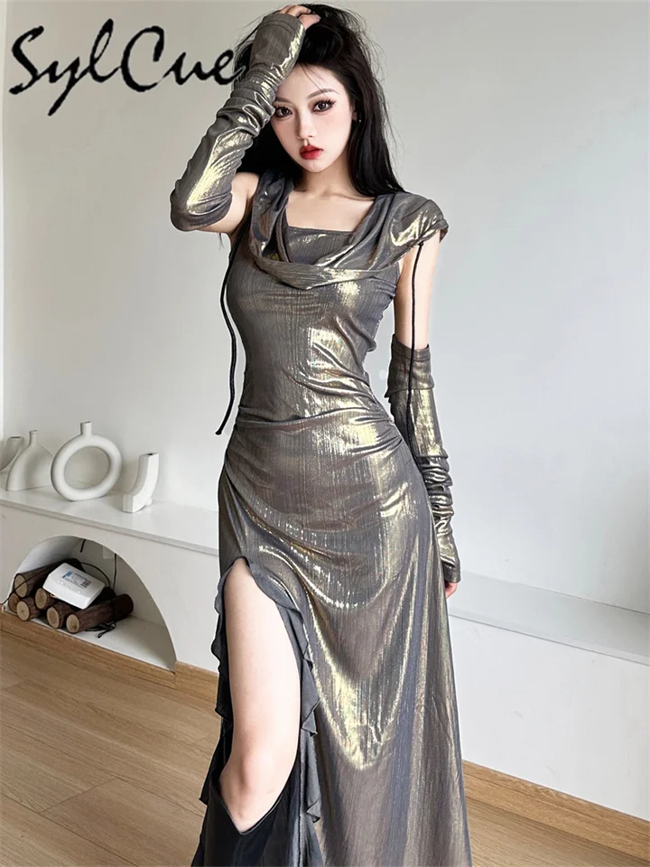 Sylcue Metallic Retro Matte Trendy Distinctive Summer High Street Travel  Cool Confident Sexy Women's Hooded Dress With Sleeves - AliExpress 200000345