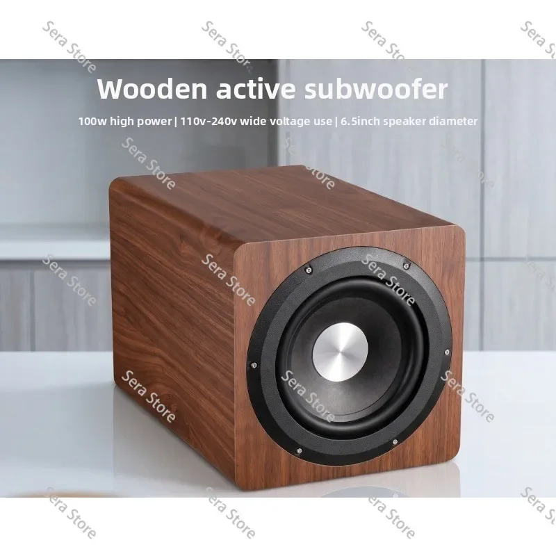 6.5 Inch Active Powered Subwoofer Wooden Cabinet Deep Bass Speaker, Universal RCA AUX Input Home Theater for TV PC Phone