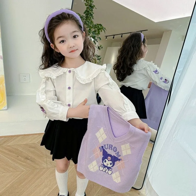 

Kuromi Anime Kawaii Sanrio Long Sleeved Shirt Waistcoat Set Cute Cartoon Sweet Fashionable Princess Baby Clothes Gifts Toys