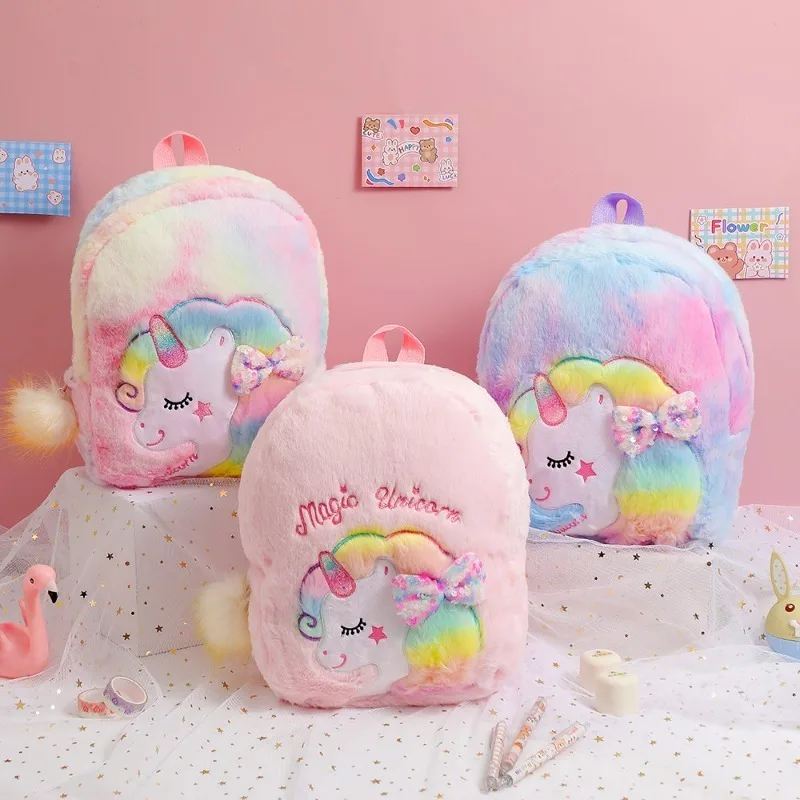 Cartoon Plush Backpack Unicorn Tie-dye Cute Children's Schoolbag Kindergarten Girls' Schoolbag Plush Backpack for Girls