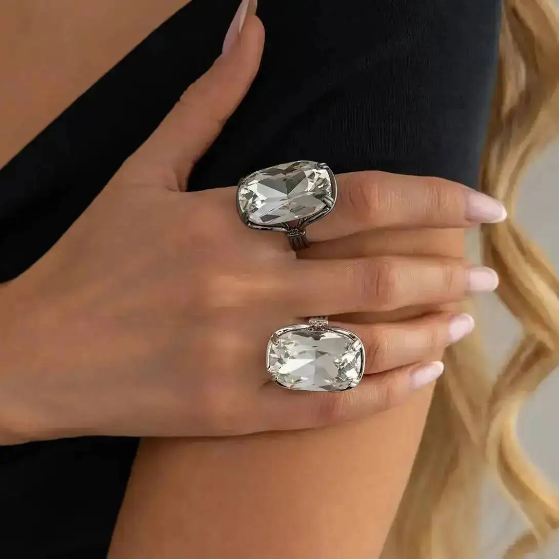 

KunJoe Exquisite Shiny Acrylic Rhinestone Geometric Opening Rings for Women Fashion Charm Ring Bridal Wedding Party Jewelry Gift