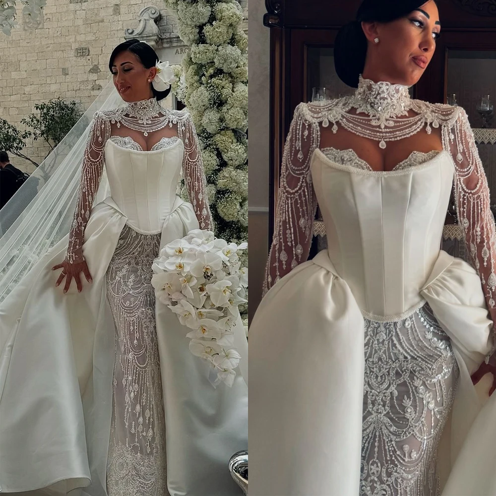 2 Pieces Mermaid Wedding Dresses With Corset Beads Lace Appliques Long Sleeve Bridal Gowns Customized Plus Size
