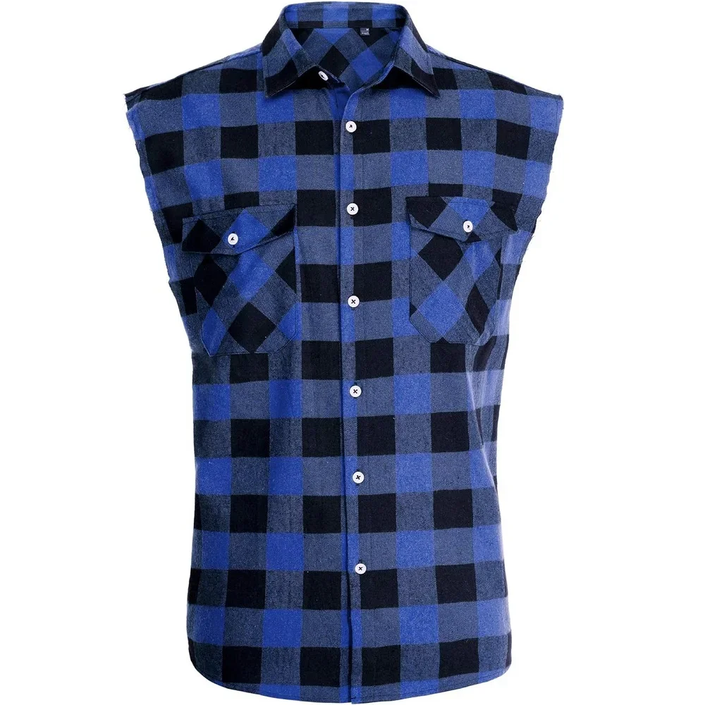 2024 New Men\'s Sleeveless Plaid Front Shirt Beach Cool Tops Baroque Short Sleeve Printed Button Clothing Casual Fashion Blouse