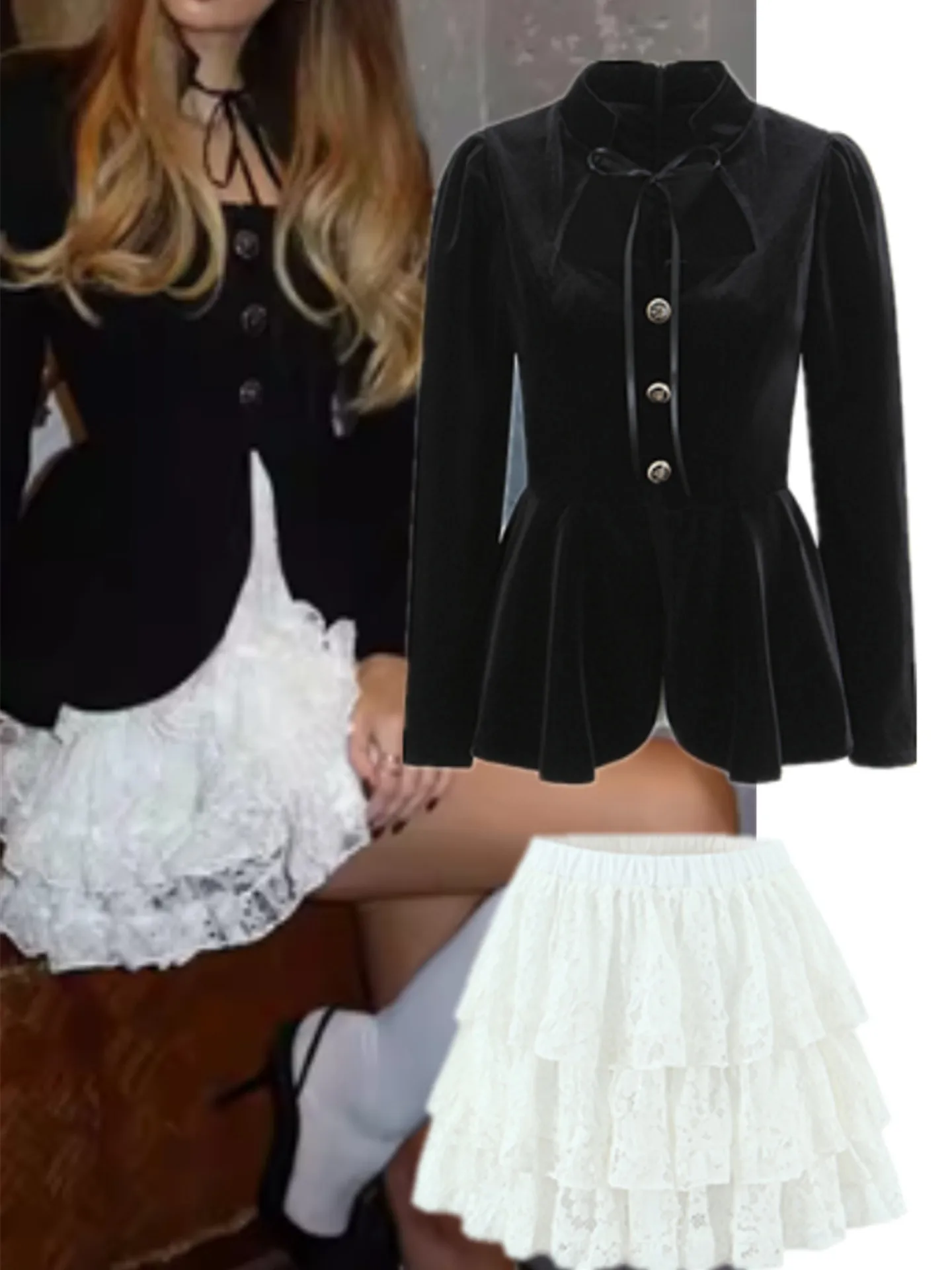 

Elegant Lace Splice Stand Collar Ribbon Tie Ladylike Set High Waist Cake Skirt Breathable Midweight Autumn Casual Women's Fas...