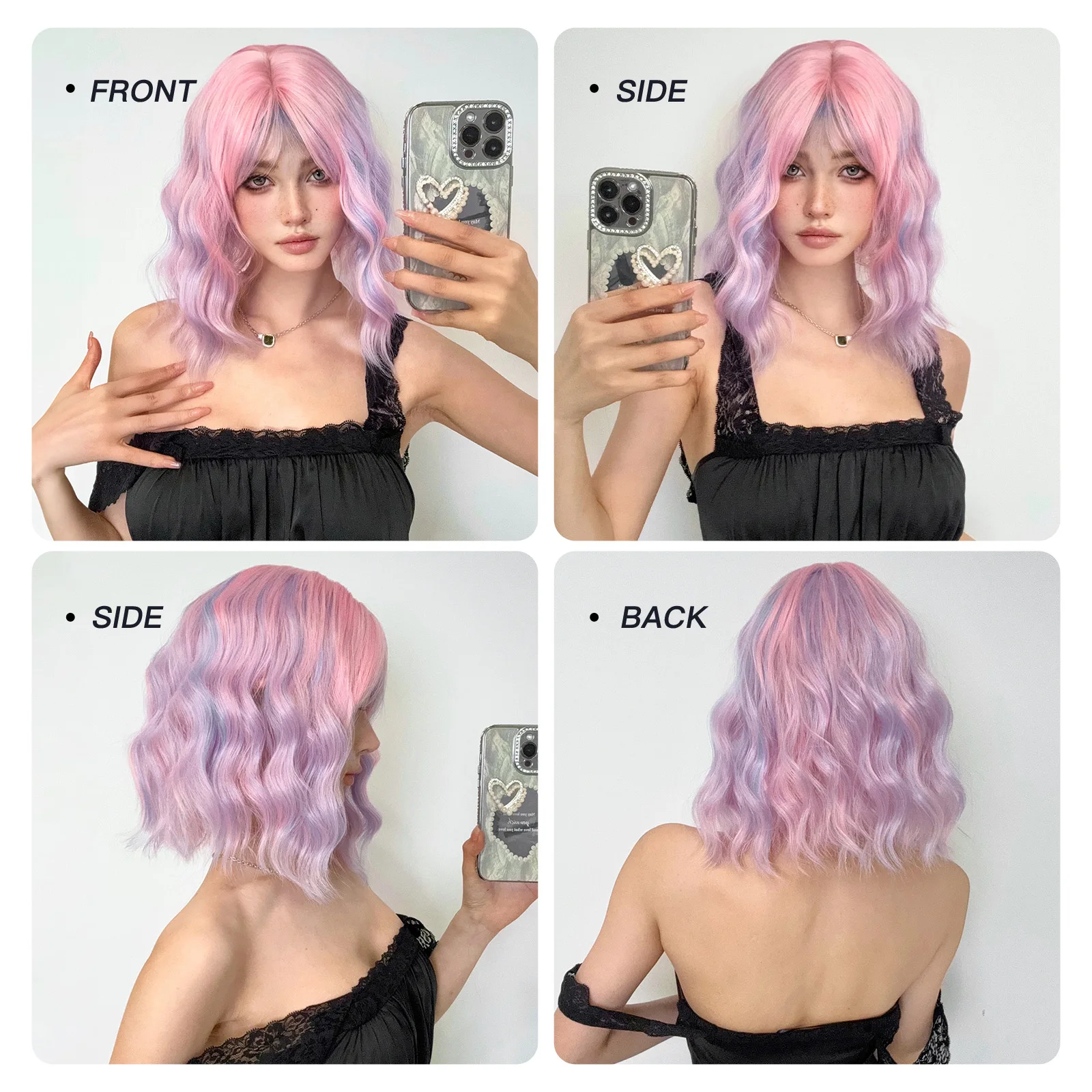 Kurze gewellte bunte Cosplay Perücken rosa lila Ombre Bob synthetische Perücke hitze beständige natürliche Haar Lolita Perücke mit Pony für Mädchen