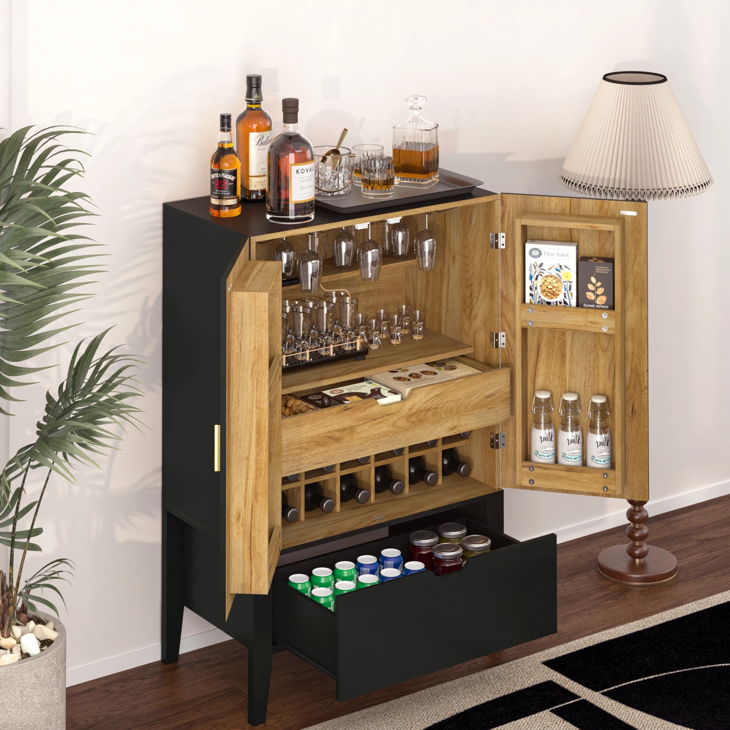 

Black + Brown Wine Bar Cabinet Side Cabinet Lockers Liquor Storage Sideboard with Wine Racks & Stemware Holder; Ideal for Family