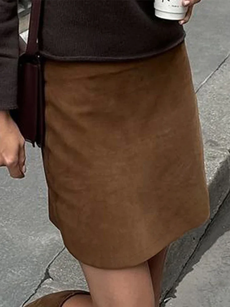 Retro Suede Short Skirt Women's Slim Fit High Waist Bodycon A-line Skirts 2025  Autumn Winter New Commute Street Lady Clothing