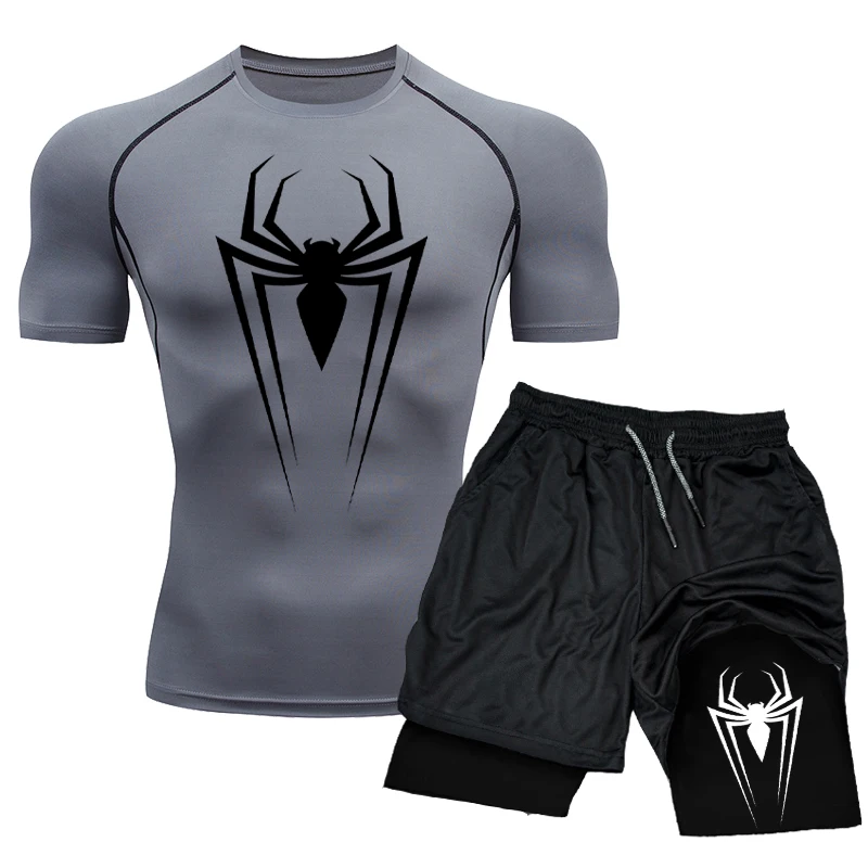 Conjunto de compresión para hombre, Top deportivo de boxeo de manga corta para gimnasio + pantalones cortos de entrenamiento, traje de Rashguard