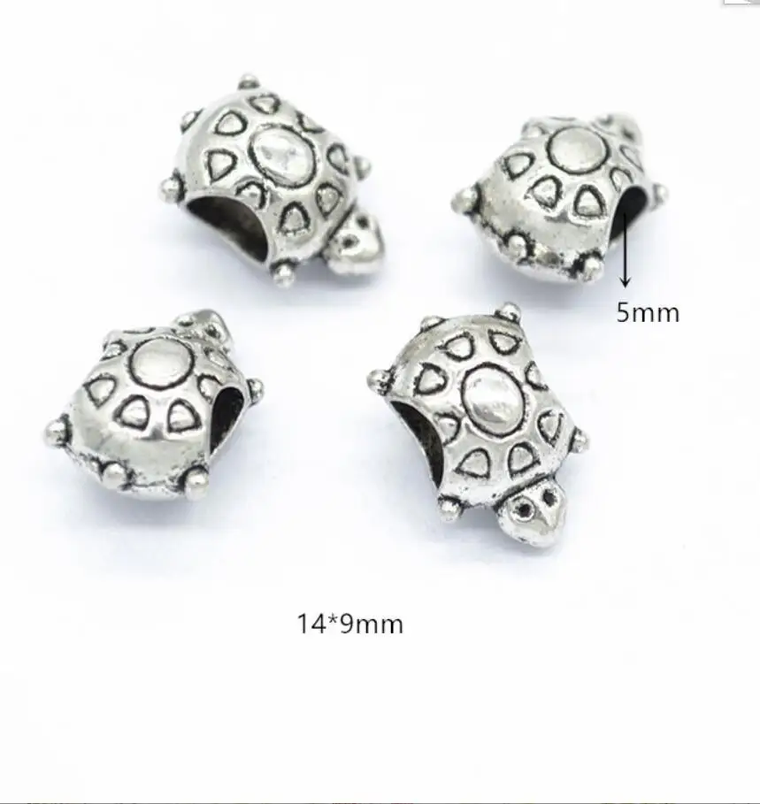 10pcs 14*9mm Turtle Tortoise 5mm Big Hole Bead Charm Fits Antique Silver Color Charm Bracelets Wholesale DIY Making fit F0900