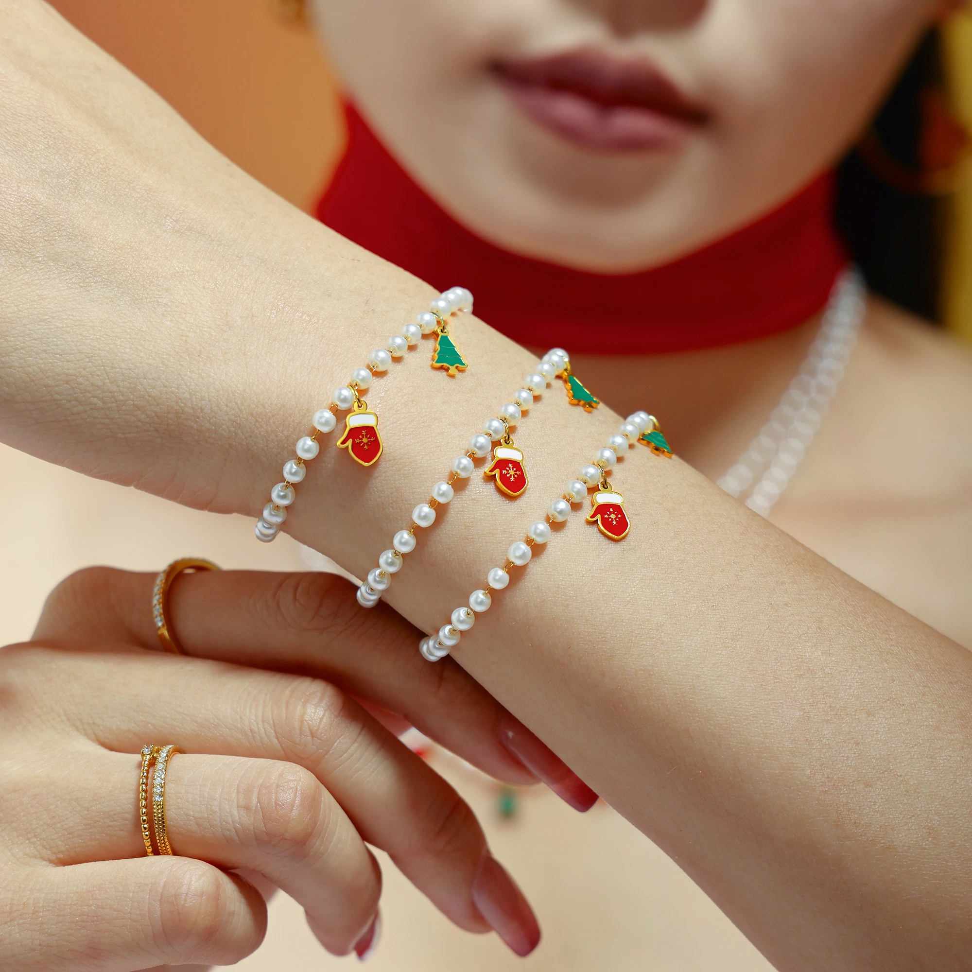 Hirsch-Weihnachtsbaum-Handschuh-Anhänger, Halsketten, Armbänder für Damen, 316L Edelstahl, Imitationsperlen-Strang, Schmuckset – Detail 4