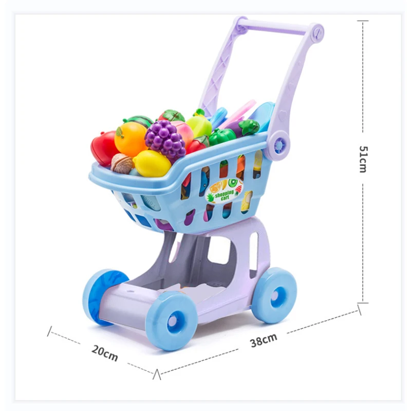 Pink Shopping Trolley Cart Supermarket Trolley Push Car Toys Basket Mini Simulation Fruit Food Pretend Play Toy for Children