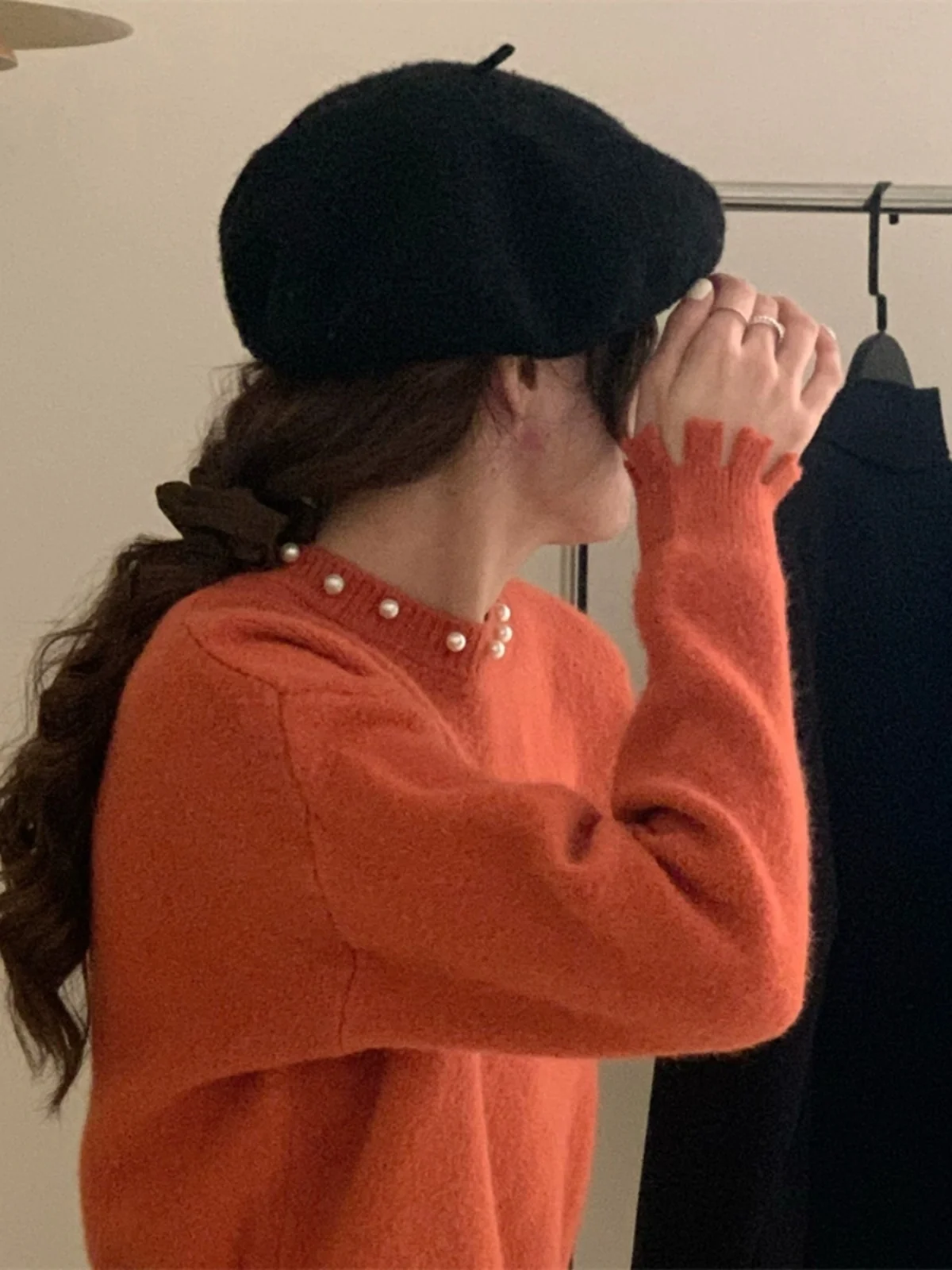 

Свитер с жемчужным воротником для тяжелой промышленности, футболка, размерный дизайн с крупными частицами, ощущение слезы, заниженный подол, длинный топ све