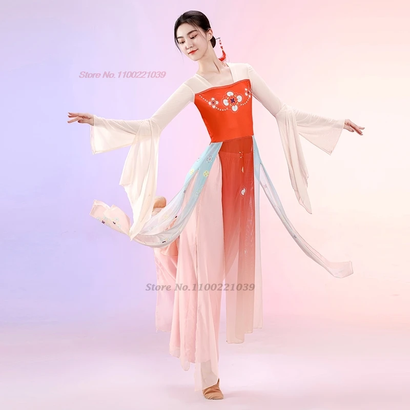 2025년 전통 중국 빈티지 드레스 한푸 레트로 꽃무늬 한푸 상의+하의 세트 전통 무용 공연 의상