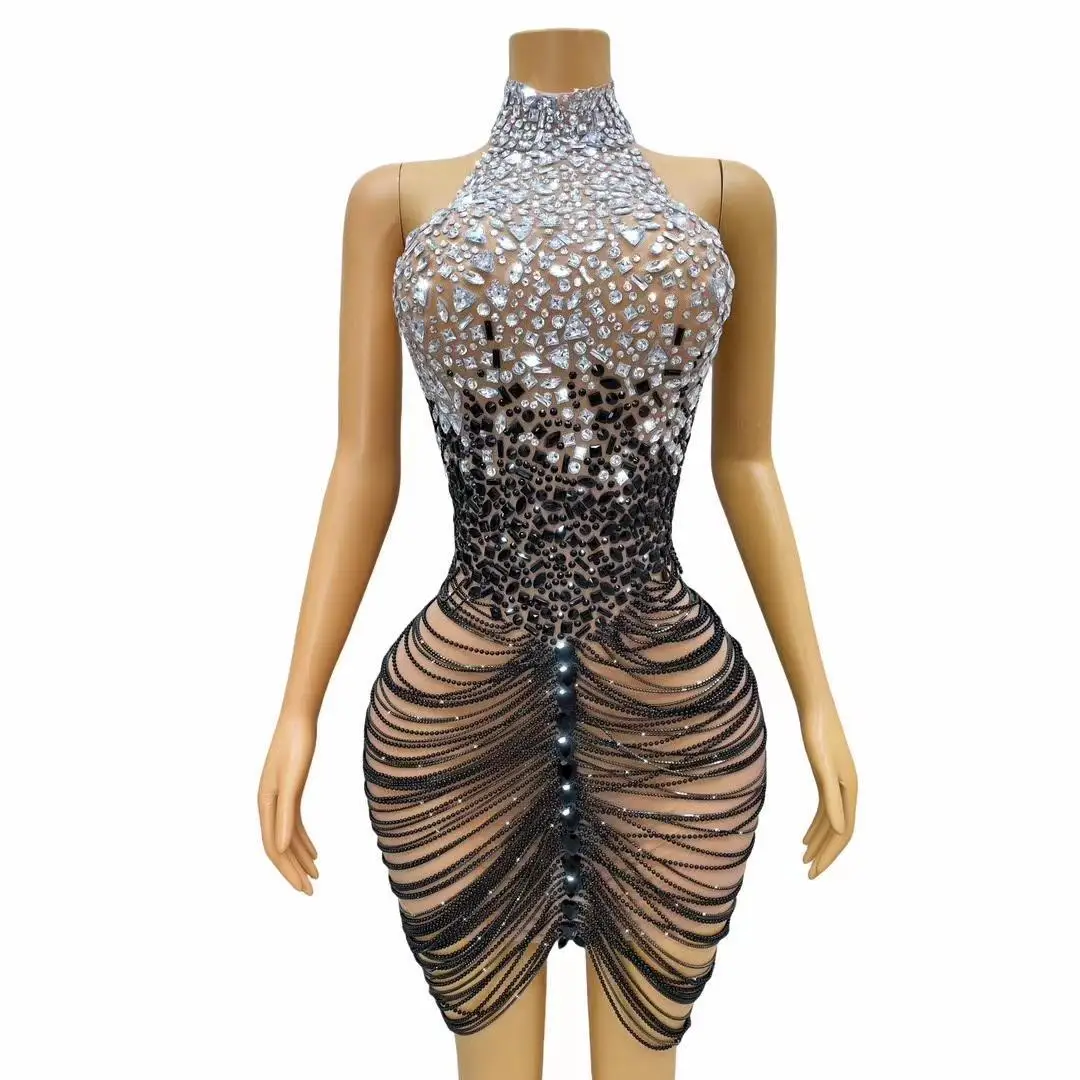 

Black Drill Chain Fringed Diamonds Dress Women Party Jazz Dance Rave Outfit Gogo Costumes Stage Performance Clubwear Diandao