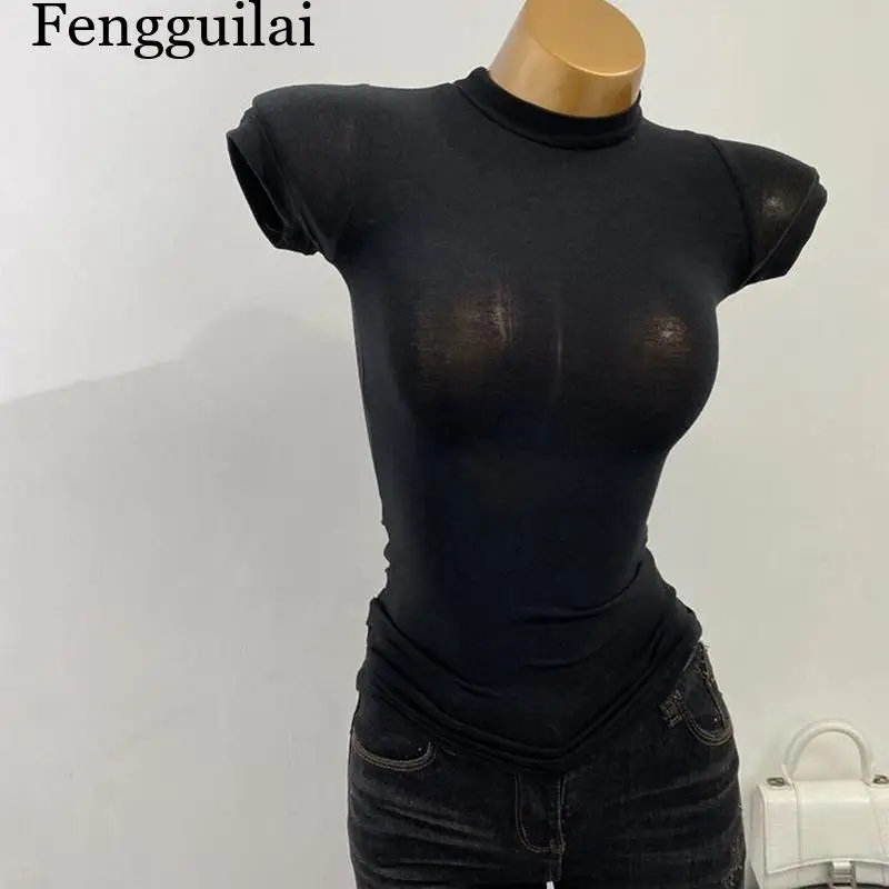 Half-high Collar T-shirt korean Transparent Short-sleeved Slim-fit Elastic Solid Inner Bottoming Shirt Sexy Big Chest T-shirt