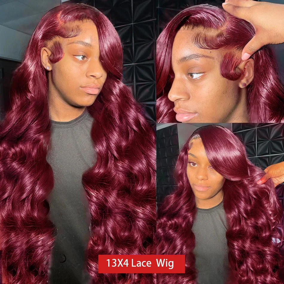 13x6 HD Transparent Body Wave 99J Burgundy Lace Frontal Human Hair Wig 30 40 Inch 13x4 Color Lace Front Wig PrePlucked For Women