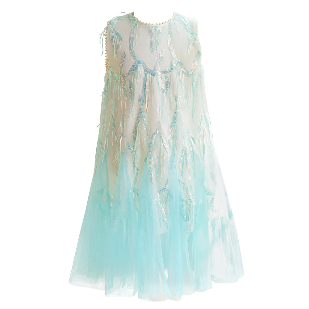 blue summer sleeveless sweet girl\'s dress, beautiful bead decoration neckline dress tassel sequined princess dress,