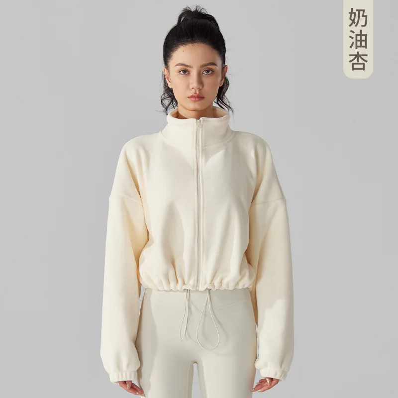 سترة رياضية من صوف الخروف للنساء في الخريف والشتاء، مع صوف سميك وياقة واقفة، سترة صوف كاجوال من الصوف