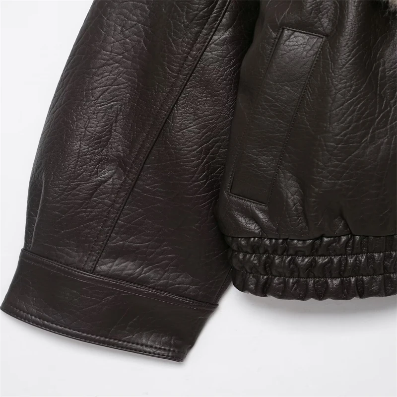  Vintage Brown Faux Leather Jacket for Women Faux Fur Collar Short Coat Casual Streetwear"