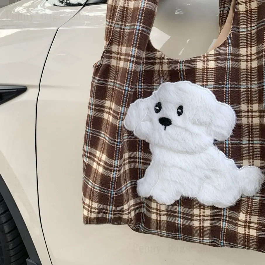 2025 Autumn and Winter Fashion Plush Cartoon Bear Plaid Vest Bag Student Large Capacity Canvas Girly Casual Shoulder Bag - view 4
