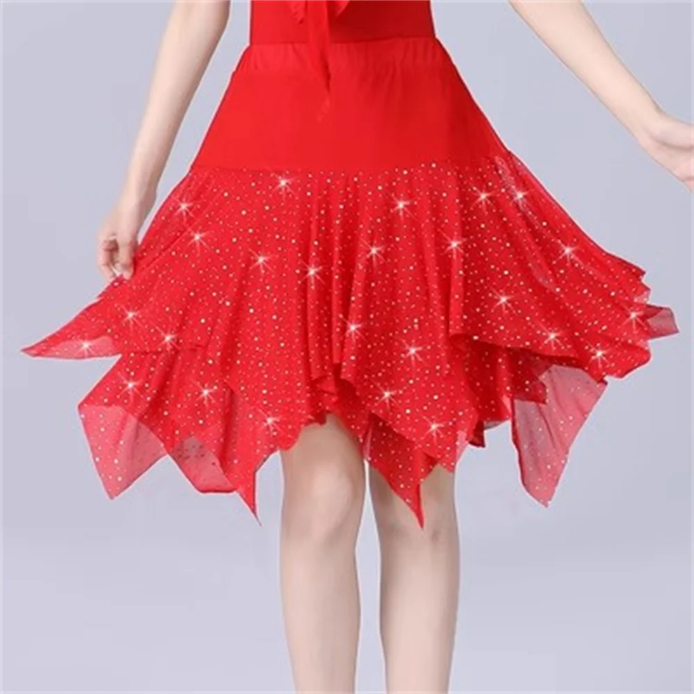 New women Sequin Gitba Dance Skirt Black Women\'s Irregular Stage Performance Skirt red color Girl\'s modern dance 50CM skirt