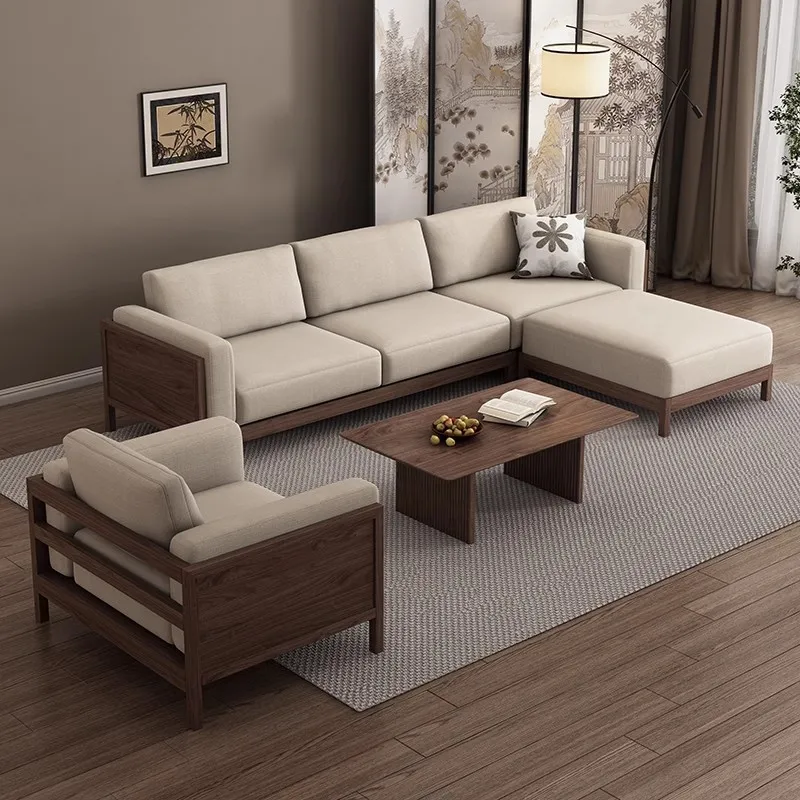 All solid wood sofa, black walnut fabric sofa, small apartment fabric straight row of three people