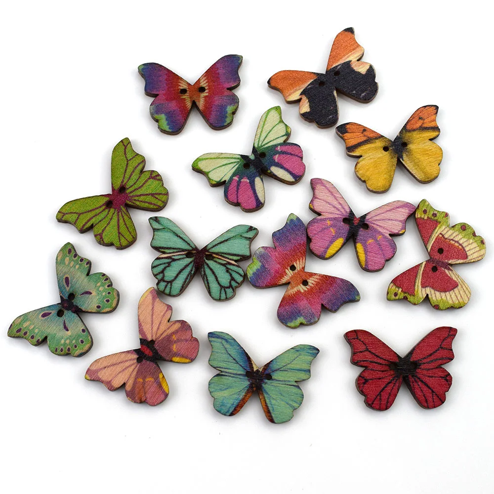 

50PCS 25/28MM Multicolor Butterfly Wooden Buttons Sewing Scrapbooking Sewing Buttons for Craft DIY Decoration Child Clothes