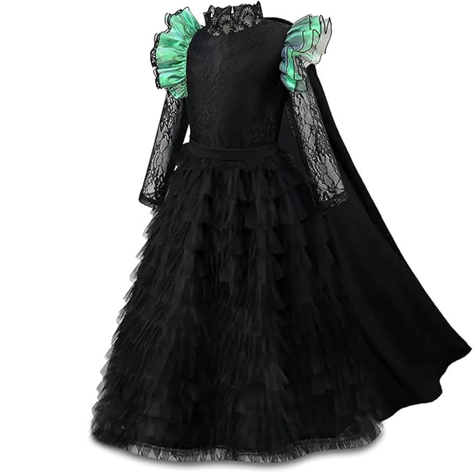 

Elphaba Kids Cosplay Costume Movie Witch Girl Black Long Sleeved Fluffy Dress Birthday Party Halloween Ruffled Dress with Cape
