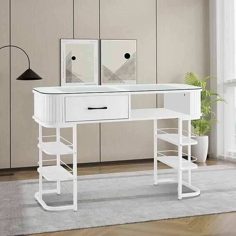 Modern minimalist manicure table, beauty manicure table with storage rack, acetone-resistant glass table manicure table