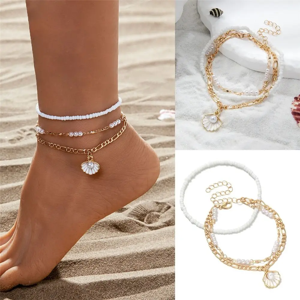 2Pcs Fashion Shell Boho Anklet Set Scallop Elastic Foot Jewelry Rice Beads Beach Charm Anklet For Summer Holiday Wear