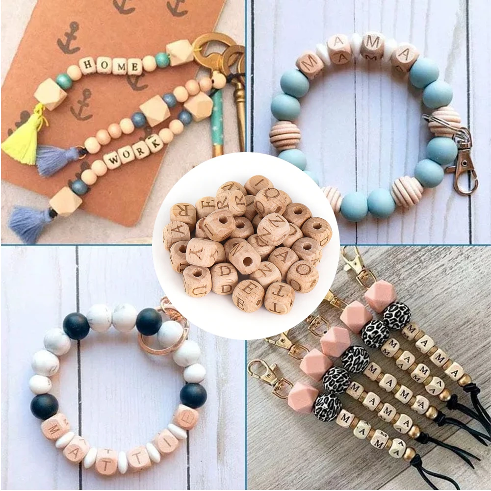 26pcs 12mm Wooden Alphabet Beads Square Loose Spacer Bead with Initial Letter Cube for Jewelry Making Keychain DIY Name Chain