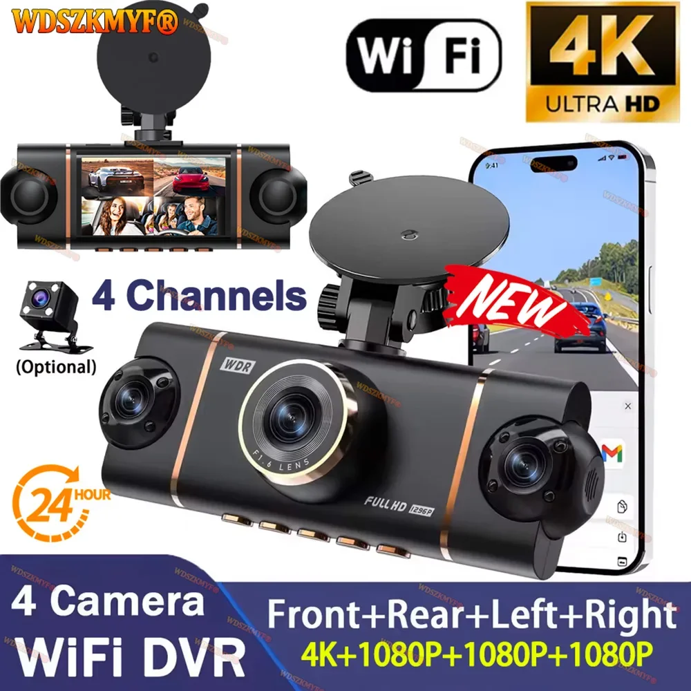 

Новый 4-канальный автомобильный видеорегистратор UHD 4K 1080P с обзором 360° ° Видеорегистратор с Wi-Fi и приложением, фронтальная и задняя камеры, ночное видение, 4K, черный ящик