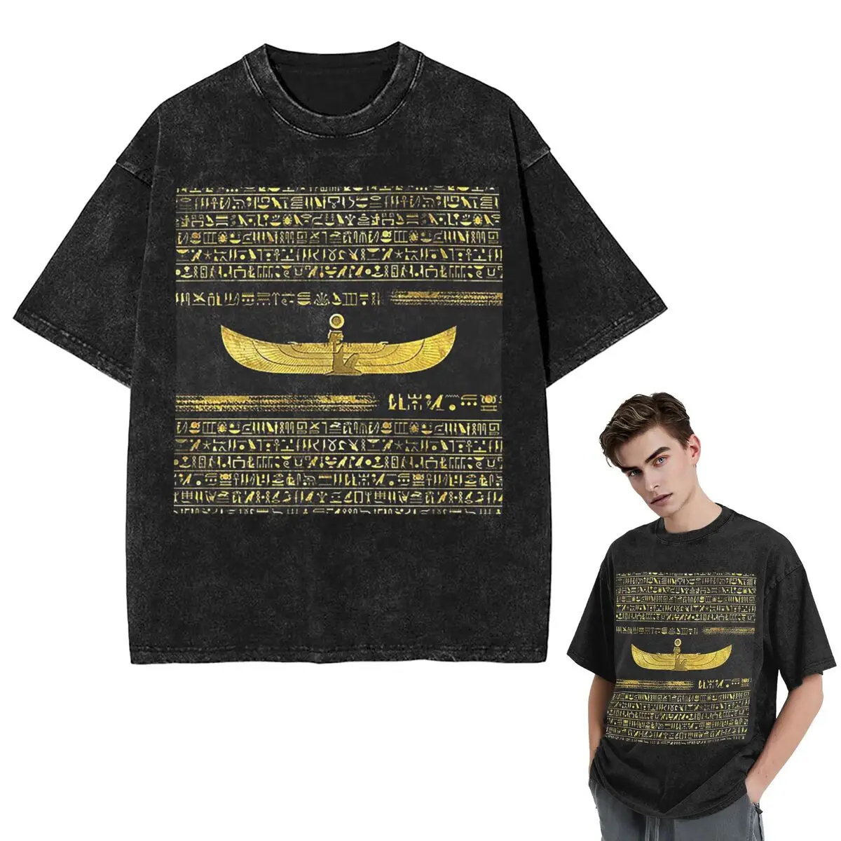 Streetwear T-Shirts Golden Egyptian God Ornament On Black Leather Washed T Shirt Short Sleeve T-Shirt Tops Tees Men Women