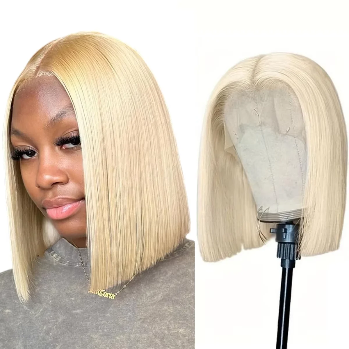 

613 Blonde Bob Straight Wigs Lace Front Wigs Brazilian Remy 13X6 HD Transparent Lace Frontal Human Hair Wig 200 Density Bob