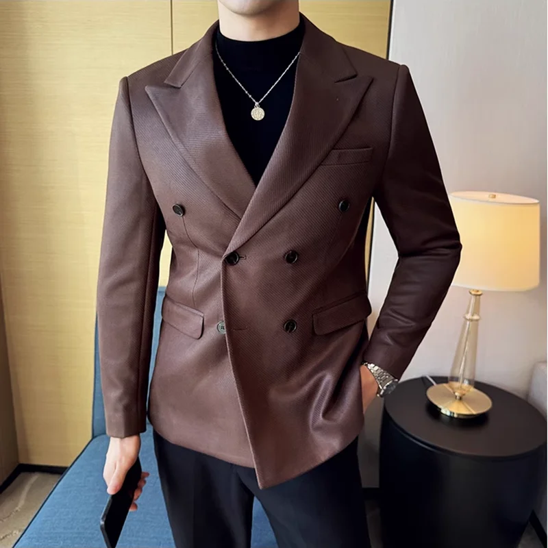

High Quality Men Double Breasted Blazer Suede Gilded Twill Slim Fit Business Social Formal Suit Jacket Tailcoats Men Clothes