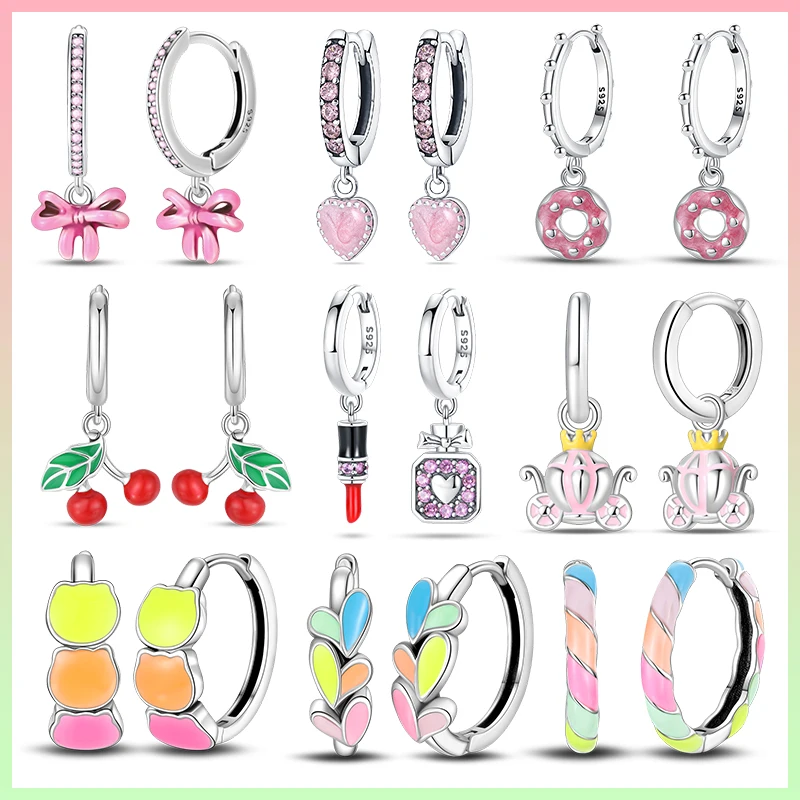 

925 Silver Colorful Shiny Zircon Star Moon Bowknot Pink Earrings Women Earrings Engagement Wedding Romantic Valentine's Day