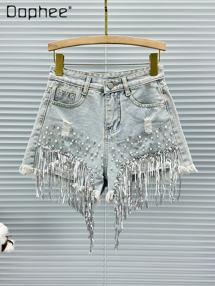 Heavy Industry Sequined Fringed Denim Shorts Women 2025 Summer New High-waisted Loose Versatile Beaded Diamond Wide-leg Pants