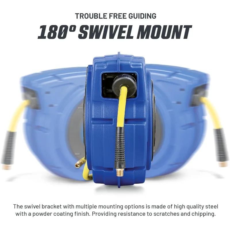 Goodyear Air Hose Reel Retractable 3/8" Inch x 50' Foot Hybrid Polymer Hose Max 300PSI Commerical Polypropylene Construction