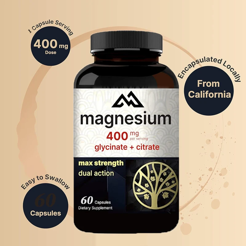 

Magnesium complex 400mg supplement, 60 capsules of magnesium glycinate+citric acid, essential minerals to support digestion