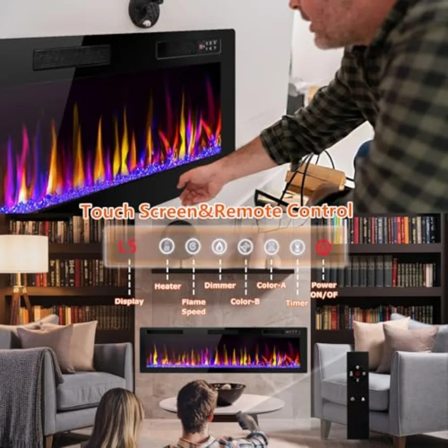 72 inch Electric Fireplace Recessed Wall Mounted with Linear Design 750/1500W Heater Touch Screen Control Timer Remote Control