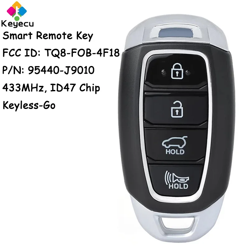 

KEYECU Smart Keyless Go Remote Key With 4 Buttons 433MHz ID47 Chip for Hyundai Kona 2019 2020 2021 Fob TQ8-FOB-4F18 95440-J9010