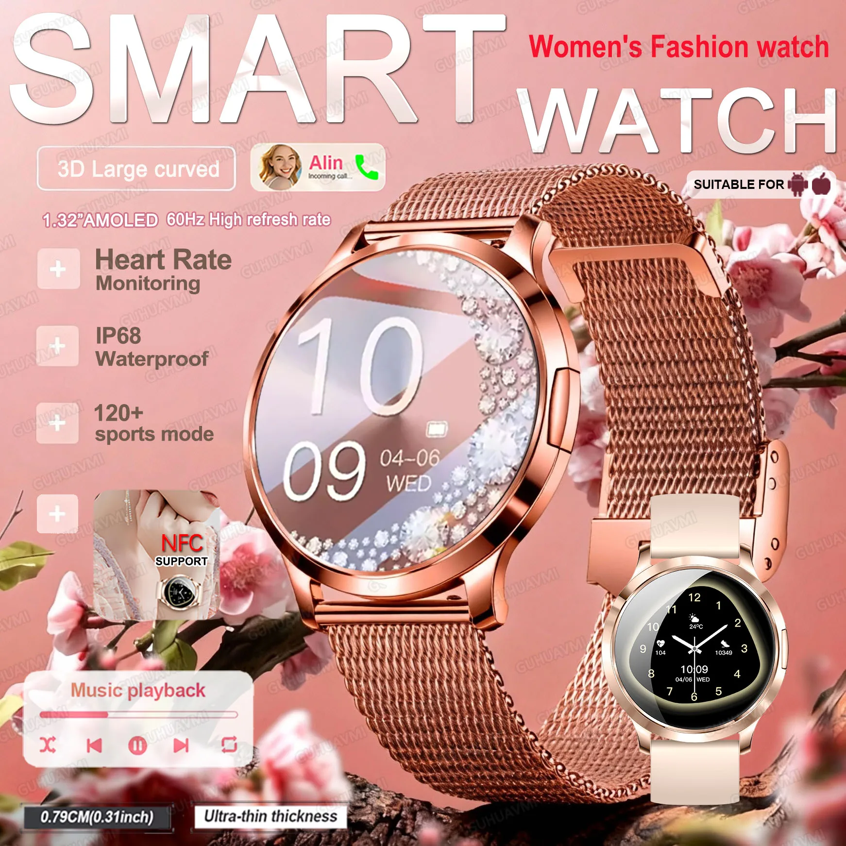 

2026 New NFC Smart Watch Women 7.3mm Ultra-Thin 1.32" AMOLED HD Screen Sport Fitness Bluetooth call Luxury Smartwatch Women Gift